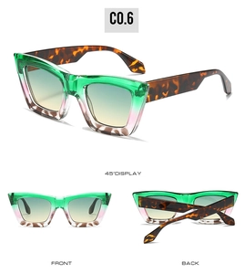 Multi-angle display of gradient green and pink oversized sunglasses with tortoise temples