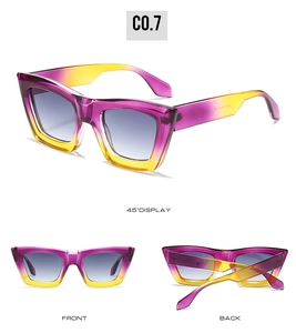 Detail view of square frame sunglasses with purple yellow gradient and grey lenses