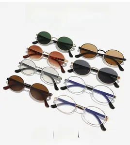 Collection of retro oval metal sunglasses in multiple colors on a clean white background