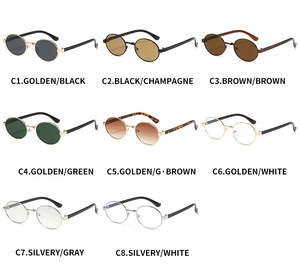 Matrix display of eight vintage oval metal sunglasses in various frame and lens colors