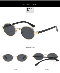 Detailed multi-angle view of oval cat-eye sunglasses with gold metal frames and dark lenses