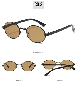 Three perspectives of retro oval sunglasses showing front, back, and 45-degree angle views