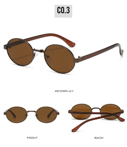 Three-angle view of vintage oval metal sunglasses with brown lenses and bronze frames