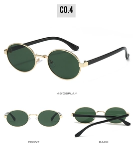 Retro oval metal sunglasses with green lenses shown from front, back, and 45 degree angles