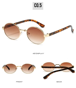 Three-view display of vintage metal oval sunglasses with tortoise temples and brown lenses