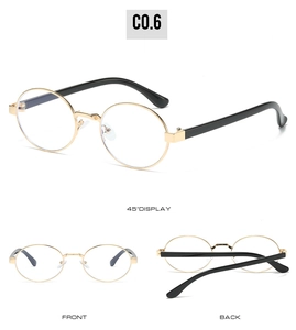 Three-way view of retro metal oval sunglasses featuring golden frames and black temples