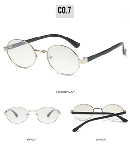 Detailed views of oval metal sunglasses showing front, back and 45-degree angles