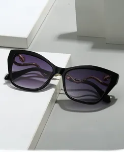 Close-up of cat-eye sunglasses with purple gradient lenses and metal snake detail