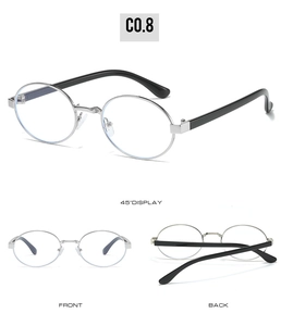 Three-angle display of oval metal sunglasses with silver frames and black temples