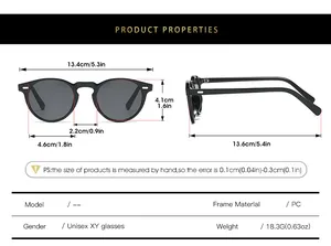 Detailed size chart for retro round sunglasses showing frame dimensions and PC material