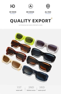 Detailed grid showing trendy rectangle sunglasses in seven vibrant translucent colors