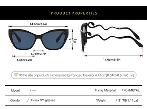 Detailed size chart of cat eye sunglasses showing PC frame and wavy snake temples
