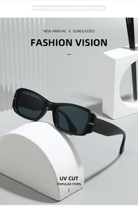 Detail view of black square frame sunglasses with UV protection and metal accents