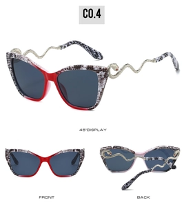 Detailed views of cat-eye sunglasses featuring red and snakeskin frames with snake-shaped temples