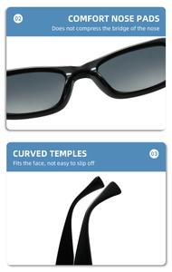 Detail view of smooth integrated nose pads and curved temples on retro square sunglasses