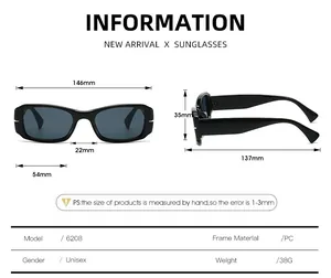 Detailed size specifications for square frame sunglasses showing lens and frame dimensions