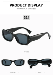 Detailed views of glossy black rectangular sunglasses showing front, side, and back profiles