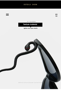 Detail of black snake-shaped sunglasses temple with scales and red bead eyes