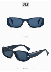 Detailed front and side view of translucent blue square sunglasses with dark lenses