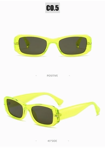 Front and side views of fluorescent green square sunglasses with dark lenses