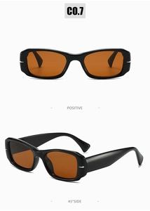 Front and 45-degree side views of retro narrow rectangular sunglasses with orange lenses