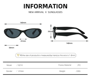 Spécifications de taille détaillées des lunettes de soleil ovales noires avec monture en PC