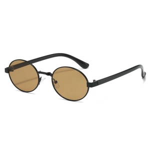 Classic retro oval sunglasses with slim black frames and brown lenses for women