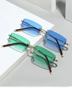 Detailed view of rimless square sunglasses with gradient lenses and gold metal hinges