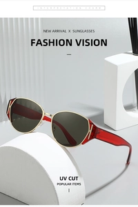Detail view of red square sunglasses with golden H-hinge and UV protection lenses