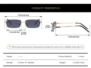 Detailed size chart for rimless square sunglasses with precise metal frame dimensions