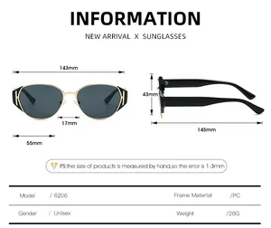 Detailed size chart for retro square sunglasses showing frame width and lens dimensions