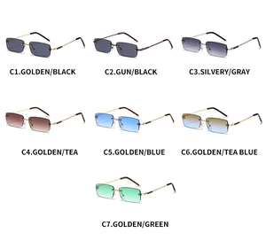 Collection of rimless rectangular sunglasses in multiple colors and metallic frames