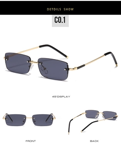 Three-way view of rimless rectangular sunglasses with gold temples and dark lenses