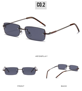 Three-angle display of rimless rectangle sunglasses with dark lenses and gold hardware