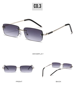 Detail view of rimless rectangular sunglasses with purple gradient lenses and silver arms