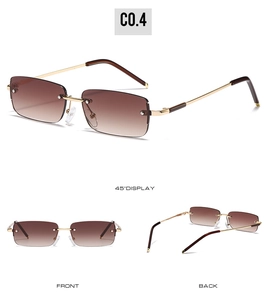 Detailed views of rimless rectangular sunglasses with brown gradient lenses and gold metal temples