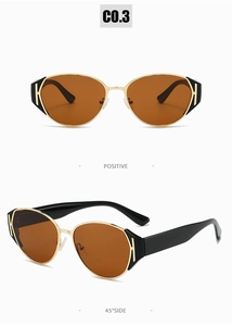 Detailed front and side view of cat-eye gold metal sunglasses with H-shaped temple decor
