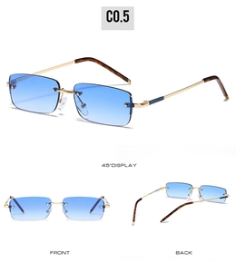 Detail view of rimless square sunglasses with blue gradient lenses and gold metal temples