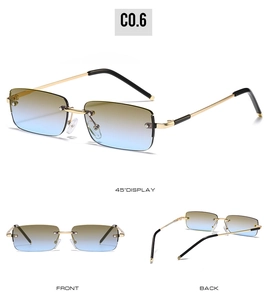 Three-angle view of rimless rectangular sunglasses with yellow-blue gradient lenses