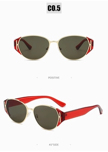 Front and 45-degree side view of vintage cat-eye sunglasses with red translucent temples