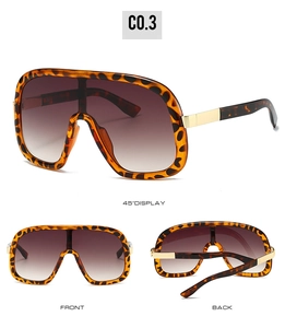 Vue en trois angles de lunettes de soleil léopard avec verres dégradés et détails dorés