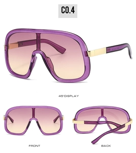 Trois vues de lunettes de soleil masque dégradé violet avec branches dorées