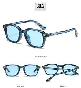 Détails de lunettes de soleil carrées bleues transparentes avec charnières en métal argenté