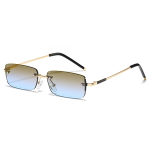 Frameless rectangular sunglasses with gold metal frame and gradient lenses in 45-degree view