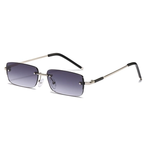 Frameless rectangular sunglasses with purple gradient lenses and gold metal temples