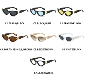 Cat eye sunglasses detail showing seven stylish colors and golden H-hinge metal accents