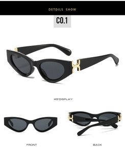 Detailed views of black cat-eye sunglasses with gold H-hinge accents from multiple angles