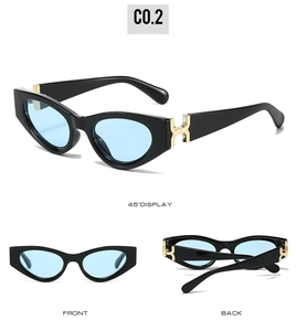 Three perspectives of black cat-eye sunglasses with blue lenses and gold H detail