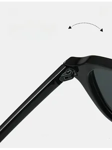 Gros plan sur la charnière métallique durable des lunettes de soleil carrées noires