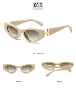 Three-angle views of cat-eye sunglasses with gold H metal hinge detail and gradient lenses
